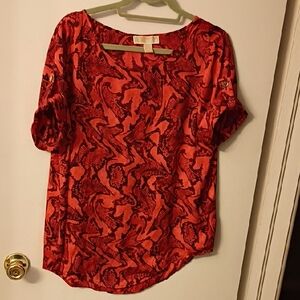 Michael Kors Red and Black Patterned Blouse Size Large W/Gold Accent Buttons